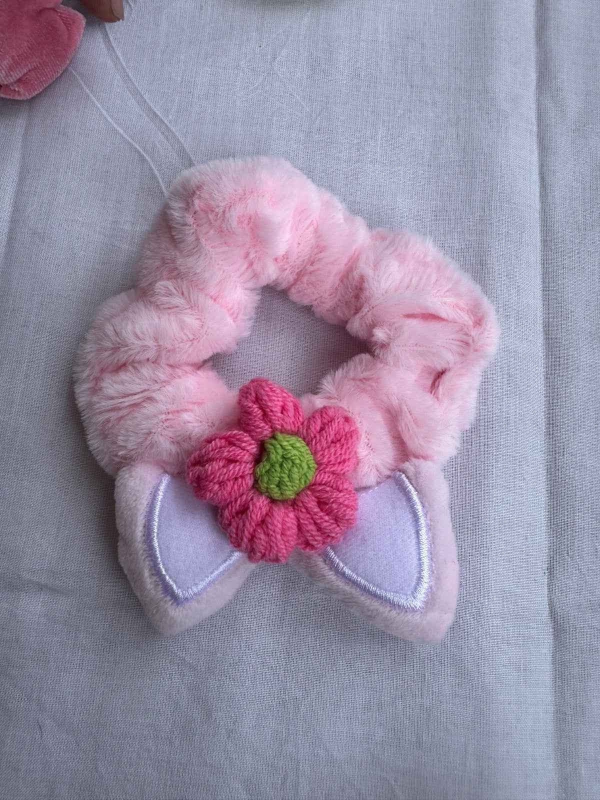 Adorable Pink Plush Cat Ear Scrunchie with Crochet Flower