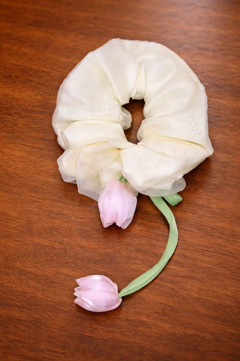 Elegant Cream Organza Scrunchie with Pink Tulip Dangles