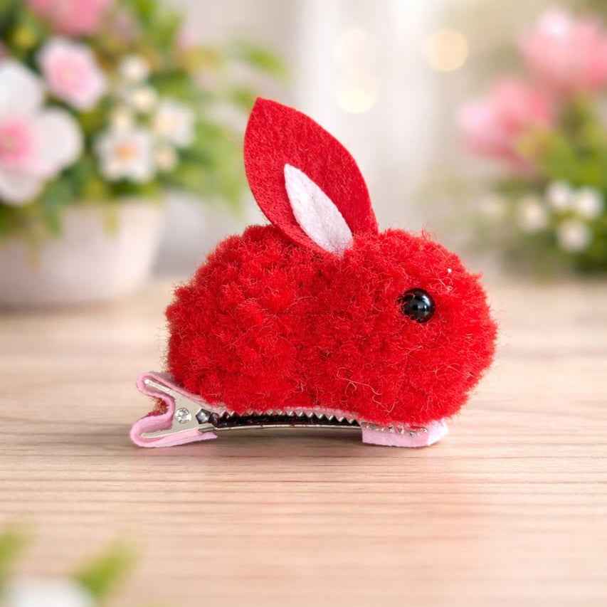 Vibrant Red Pom-Pom Bunny Hair Clip with Felt Ears