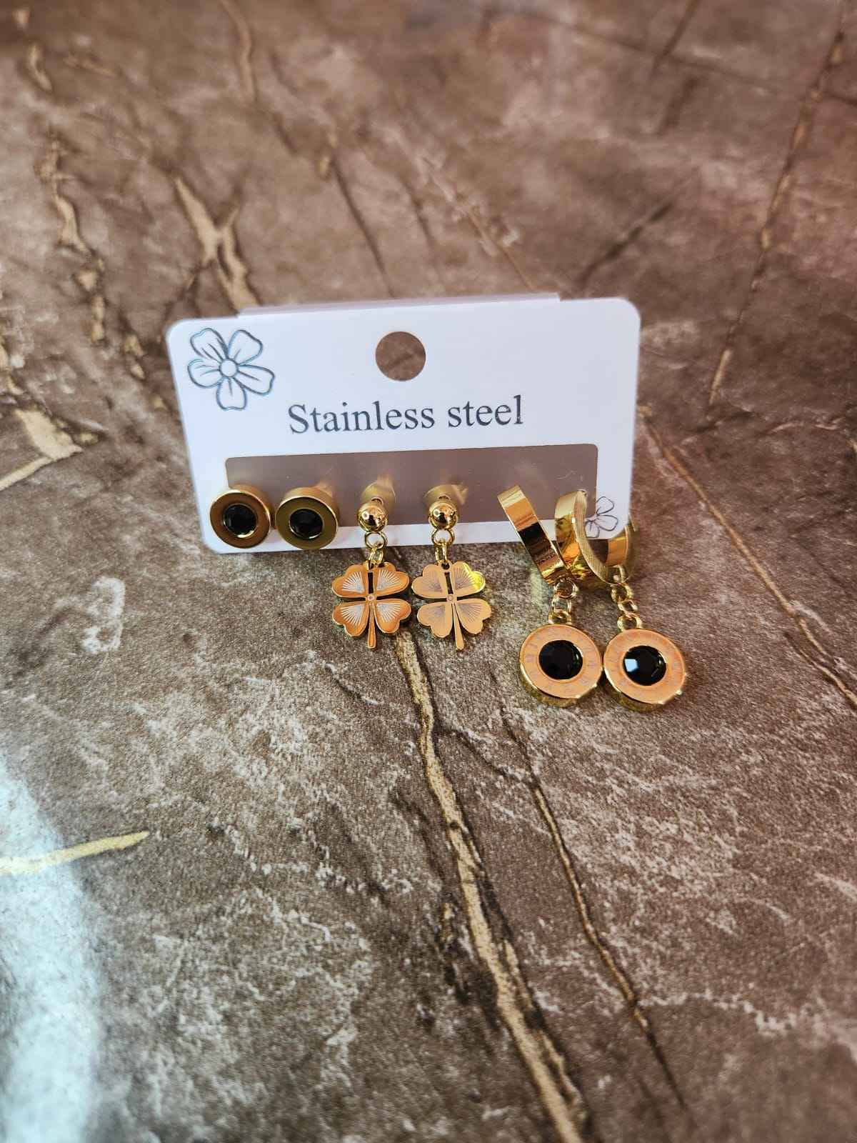 3-Pair Gold Stainless Steel Set: Roman Numeral Hoops, Clover Drops, & Onyx Studs