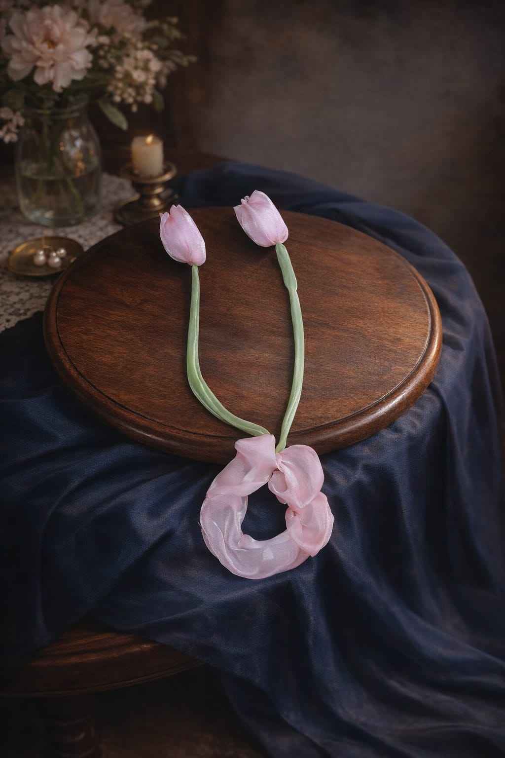 Romantic Pink Organza Scrunchie with Long Tulip Stem Dangles