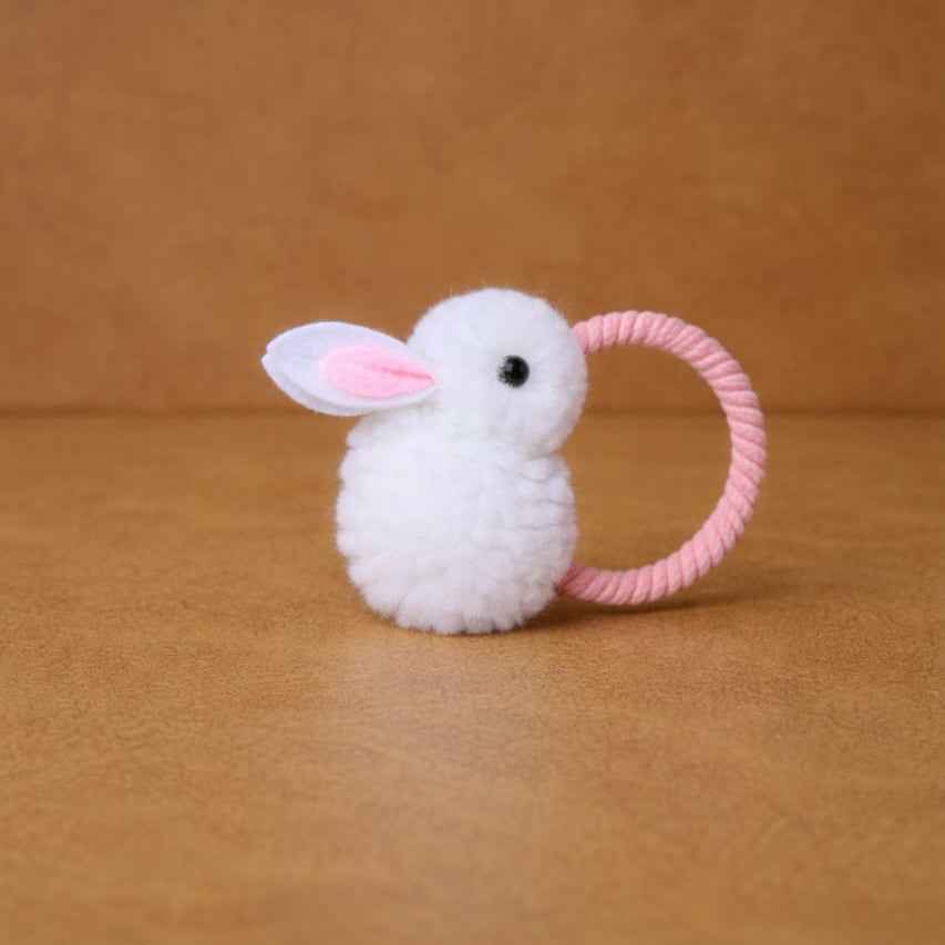 Cute White Pom-Pom Bunny Hair Tie with Pink Elastic Band