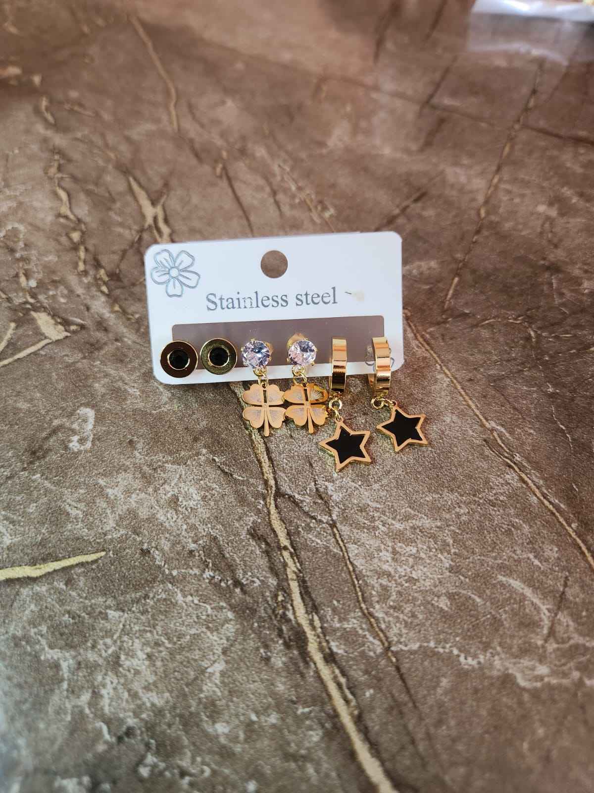 3-Pair Stainless Steel Set: Black Star Hoops, Crystal Clover Drops, & Onyx Studs