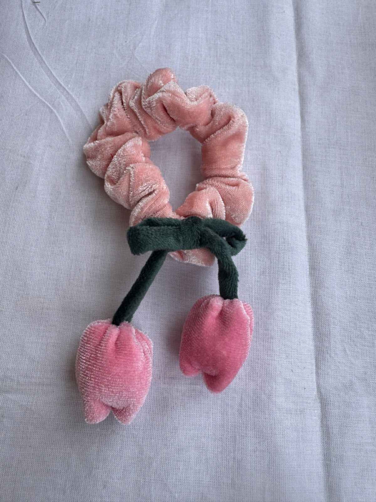 Soft Pink Velvet Tulip Charm Hair Scrunchie