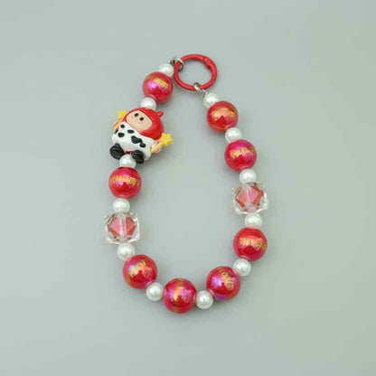 Kawaii Red Cow Beaded Phone Charm – Iridescent Acrylic Wrist Strap & Keychain – Cute Animal Lanyard Accessory for Women & Girls
