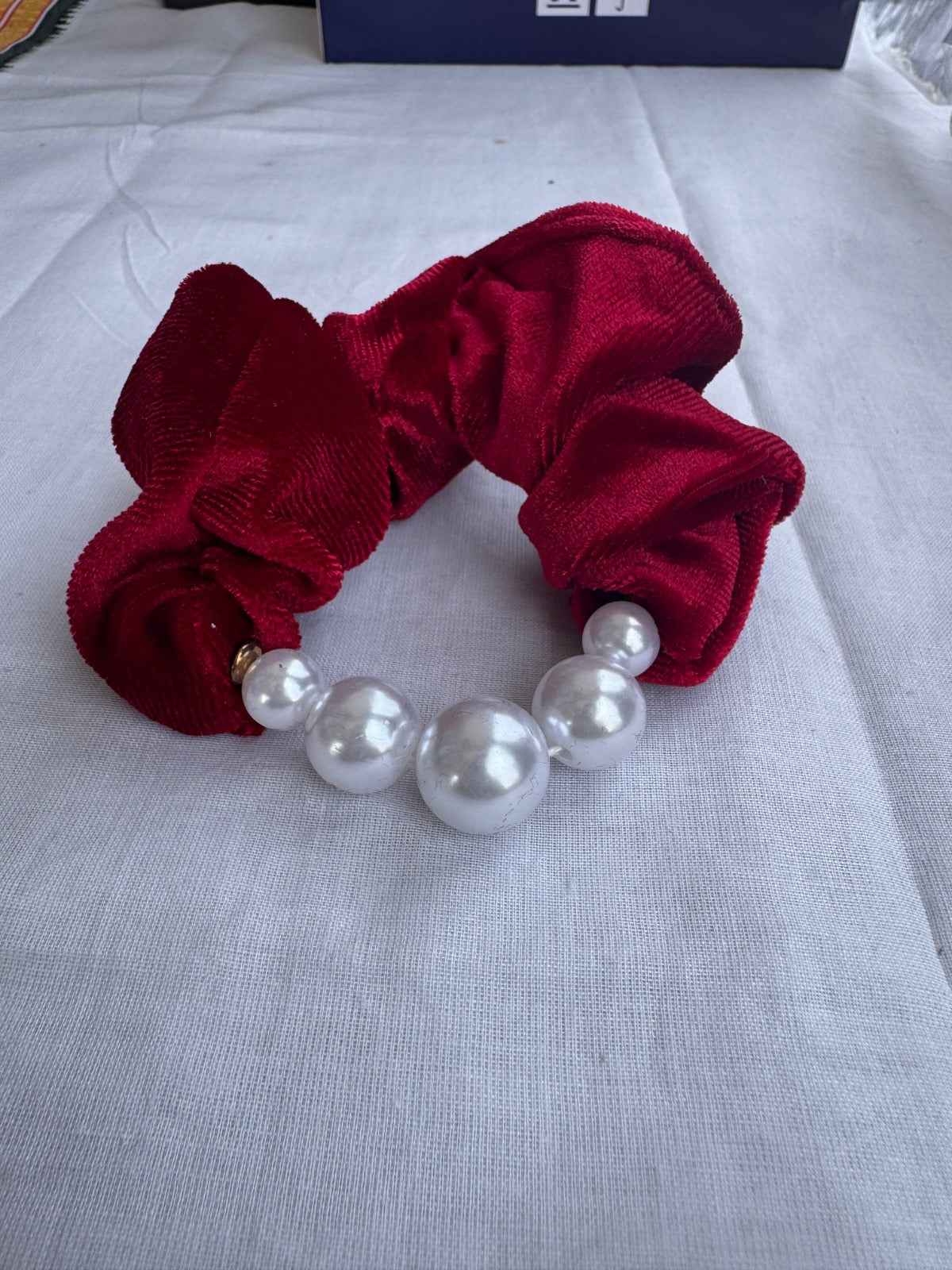 Luxurious Deep Red Velvet Scrunchie with Pearl Bead Accents