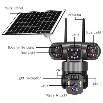 360° Wireless Solar-Powered 3-Lens Security Camera – 4MP WiFi/4G Outdoor Surveillance with PIR Motion Detection, 2-Way Audio, and Smart Color Night Vision