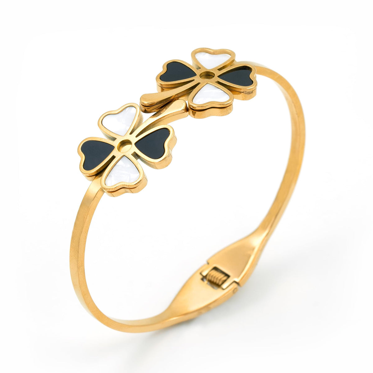 Gold Dual Clover Bangle with Black and White Enamel Inlay