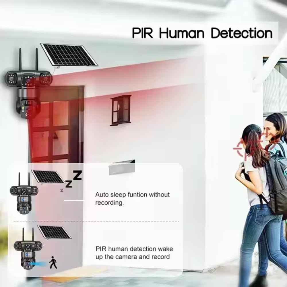 360° Wireless Solar-Powered 3-Lens Security Camera – 4MP WiFi/4G Outdoor Surveillance with PIR Motion Detection, 2-Way Audio, and Smart Color Night Vision