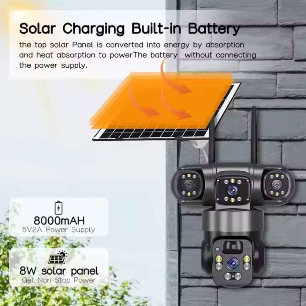 360° Wireless Solar-Powered 3-Lens Security Camera – 4MP WiFi/4G Outdoor Surveillance with PIR Motion Detection, 2-Way Audio, and Smart Color Night Vision