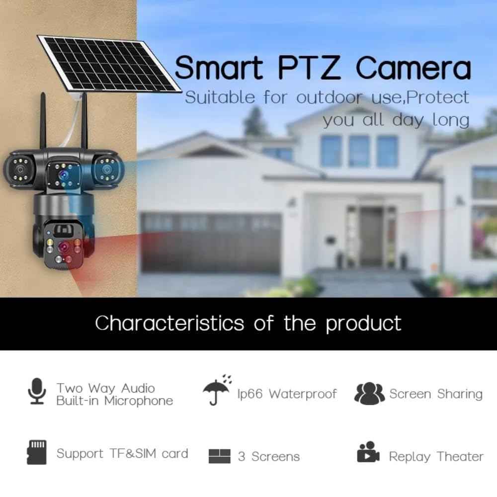 360° Wireless Solar-Powered 3-Lens Security Camera – 4MP WiFi/4G Outdoor Surveillance with PIR Motion Detection, 2-Way Audio, and Smart Color Night Vision