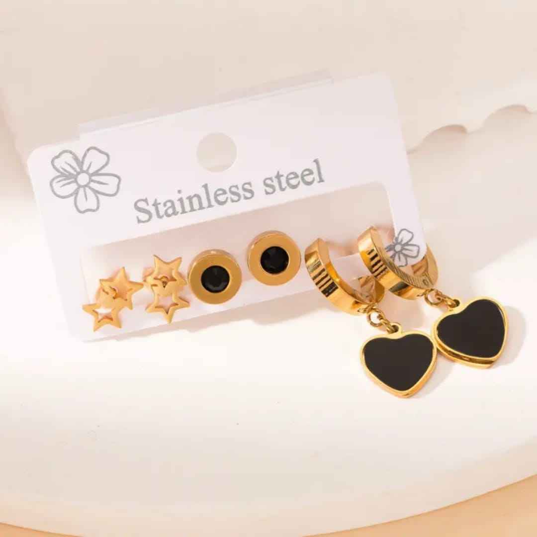 3-Pair Stainless Steel Set: Black Heart Huggies, Open Star Studs, & Round Studs