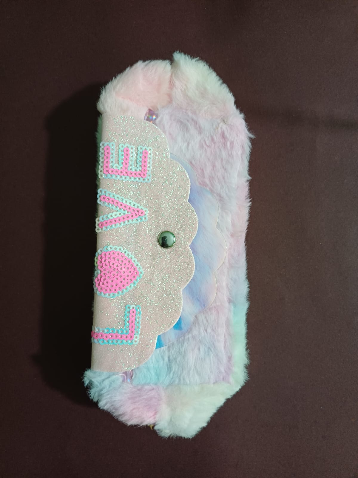 Fluffy Pastel Pencil Case Pouch with Beaded LOVE Design