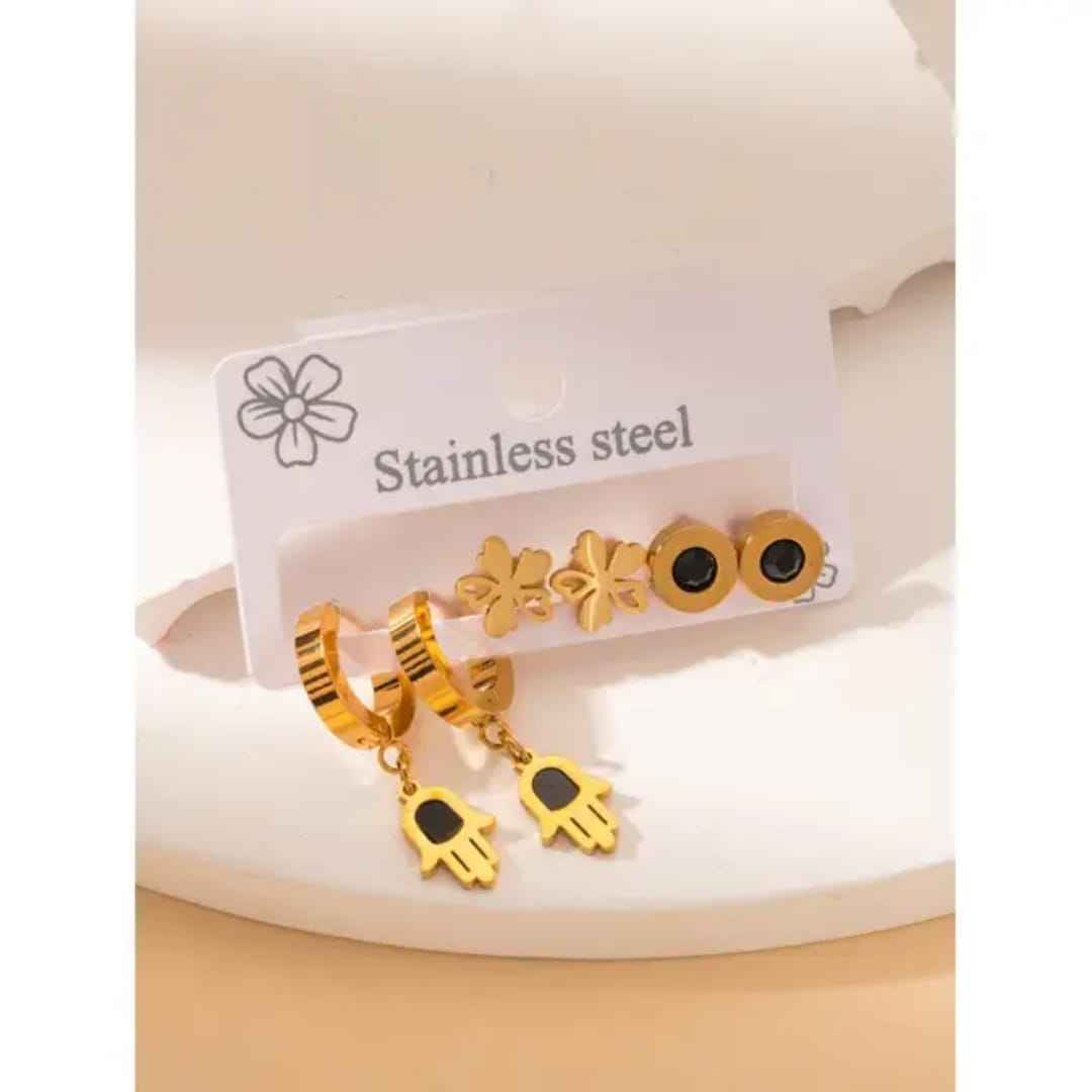 3-Pair Stainless Steel Set: Hamsa Hand Huggies, Gold Flower Studs, & Black Round Studs
