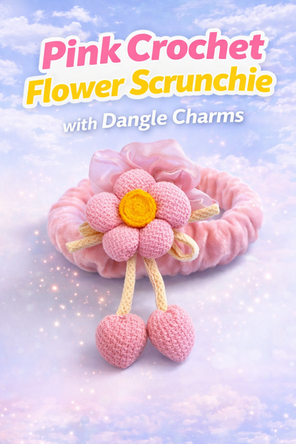 Pink Crochet Flower Scrunchie with Dangle Charms