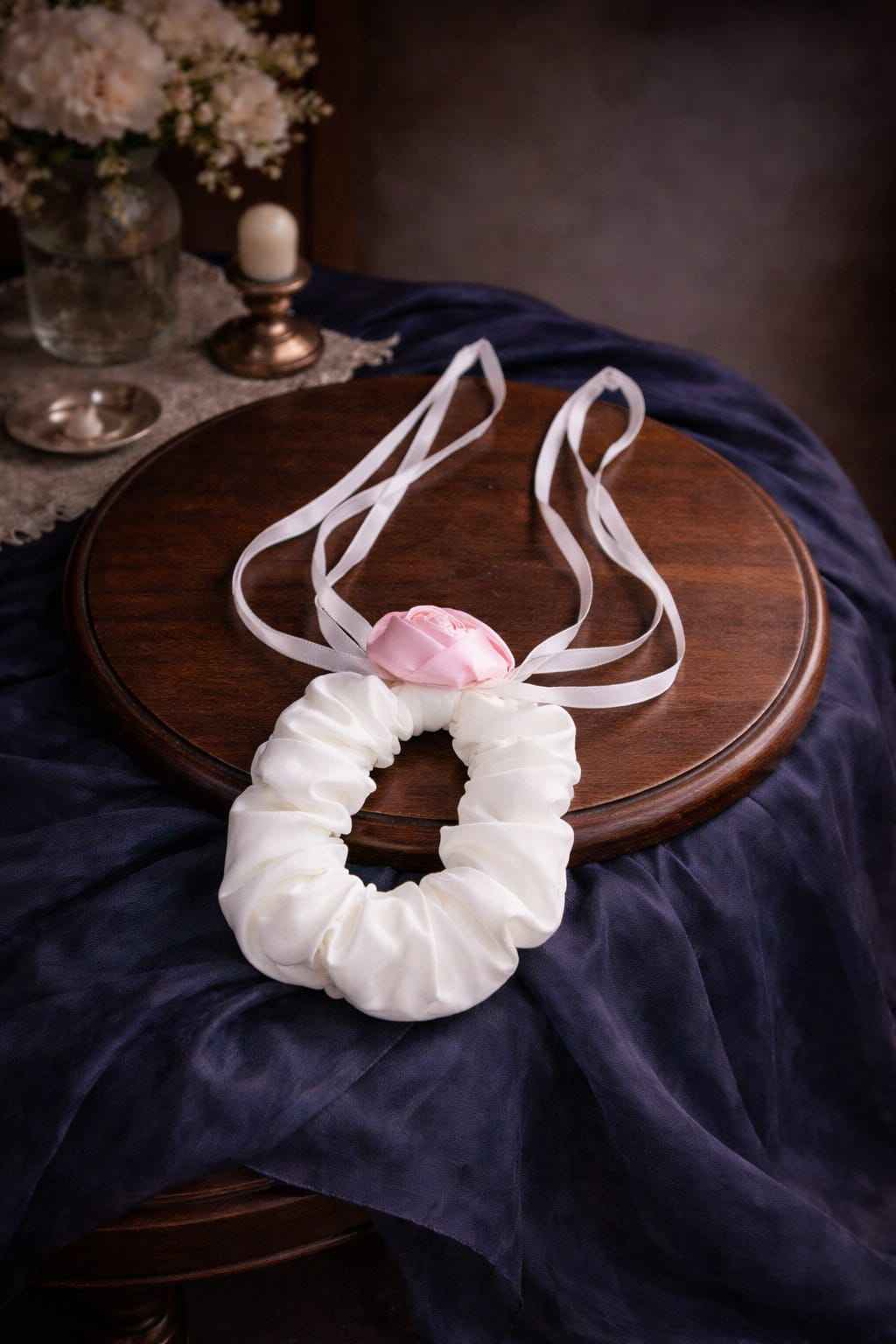 Sophisticated White Satin Scrunchie with Pink Rose Accent and Long Ribbon Ties