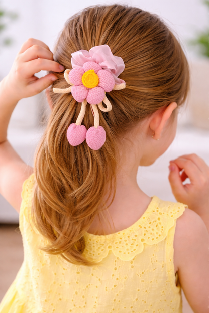Pink Crochet Flower Scrunchie with Dangle Charms