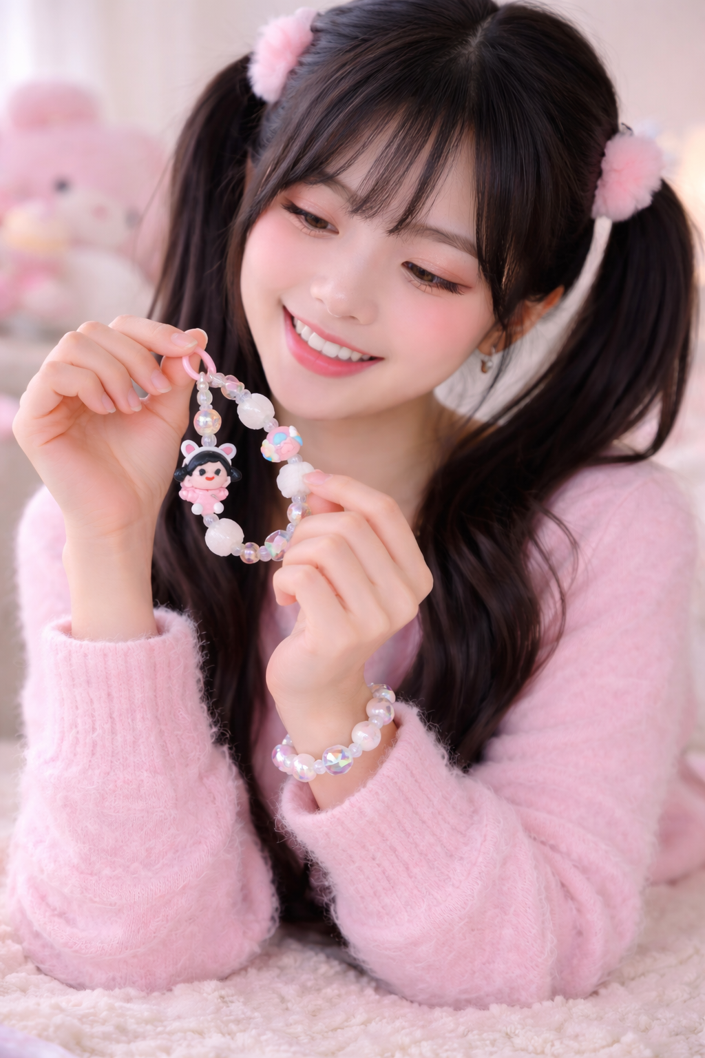 Kawaii Pink Bunny Girl Phone Charm – White Plush Pom-Pom Beaded Wrist Strap – Aesthetic Coquette Keychain & Soft Girl Lanyard for Women