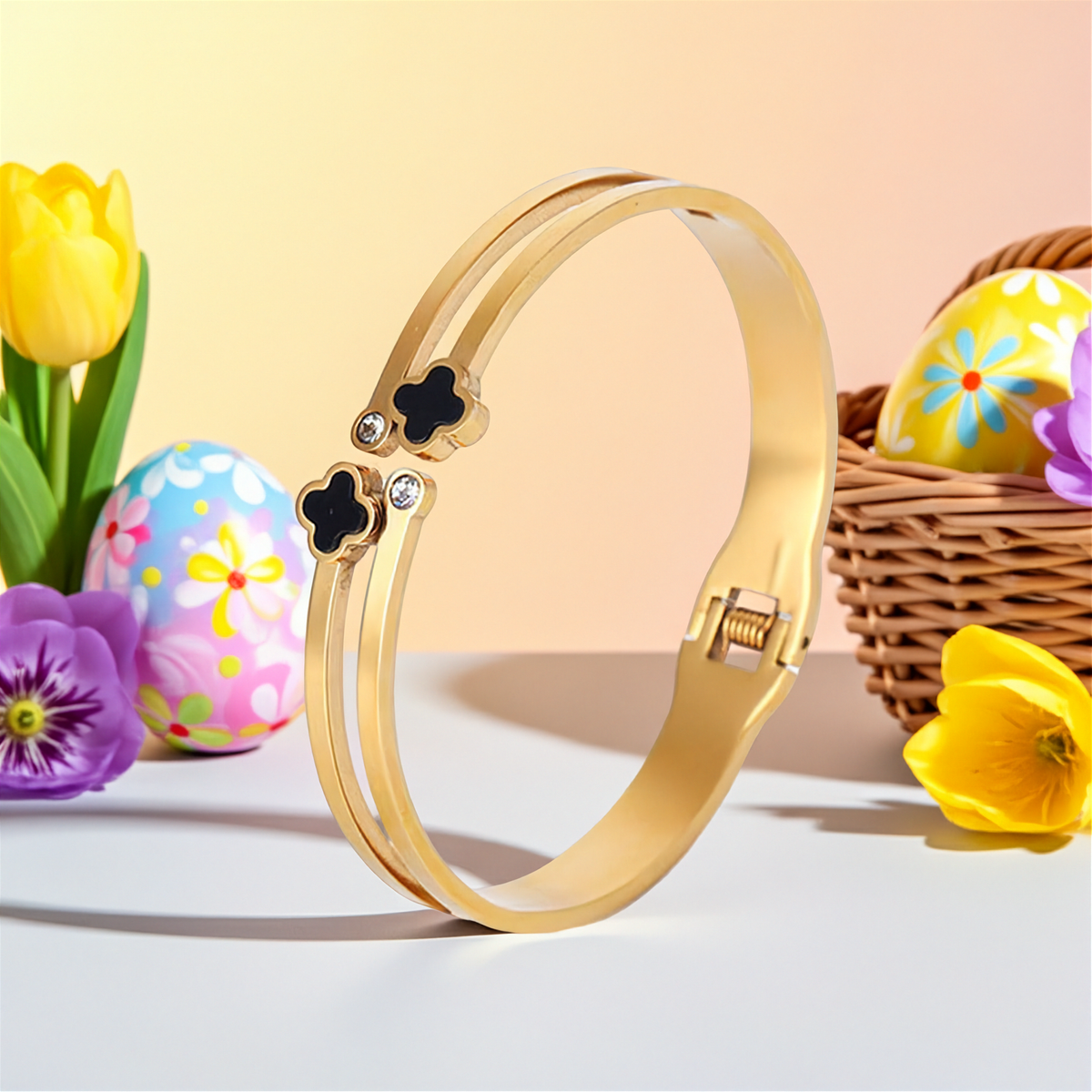 Gold Double Layer Black Clover Crystal Bangle Bracelet