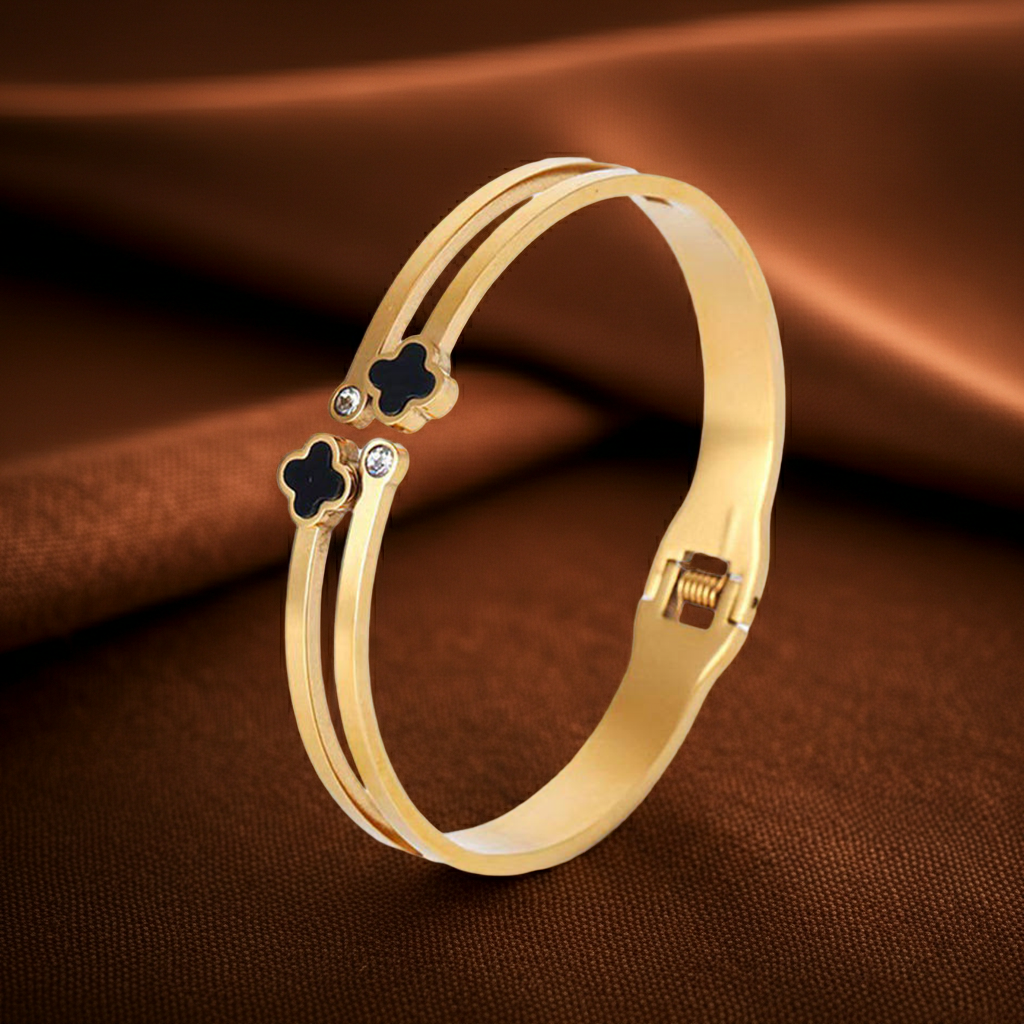Gold Double Layer Black Clover Crystal Bangle Bracelet