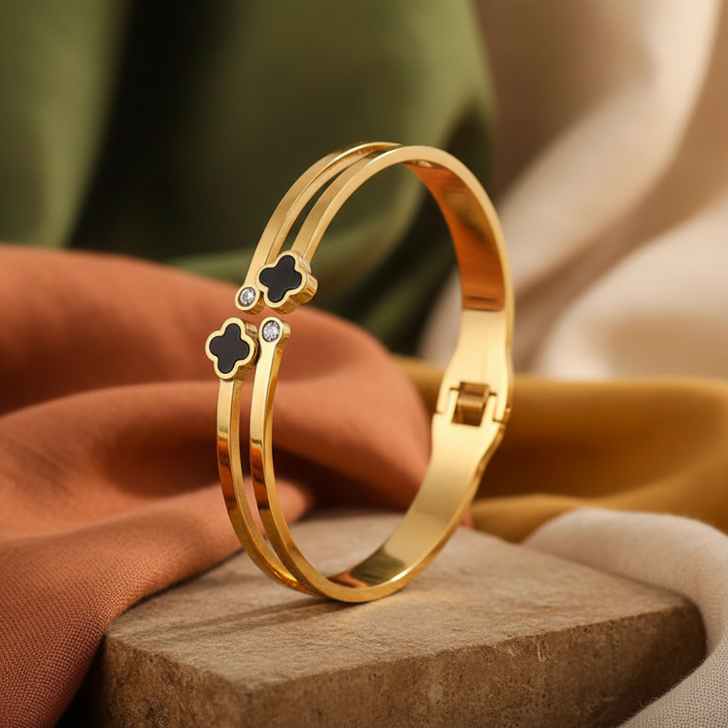 Gold Double Layer Black Clover Crystal Bangle Bracelet