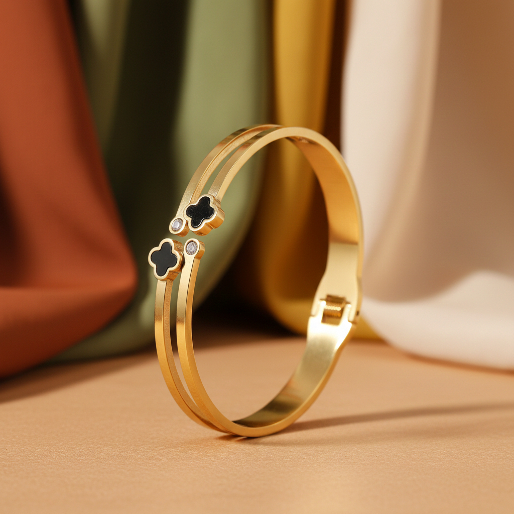 Gold Double Layer Black Clover Crystal Bangle Bracelet