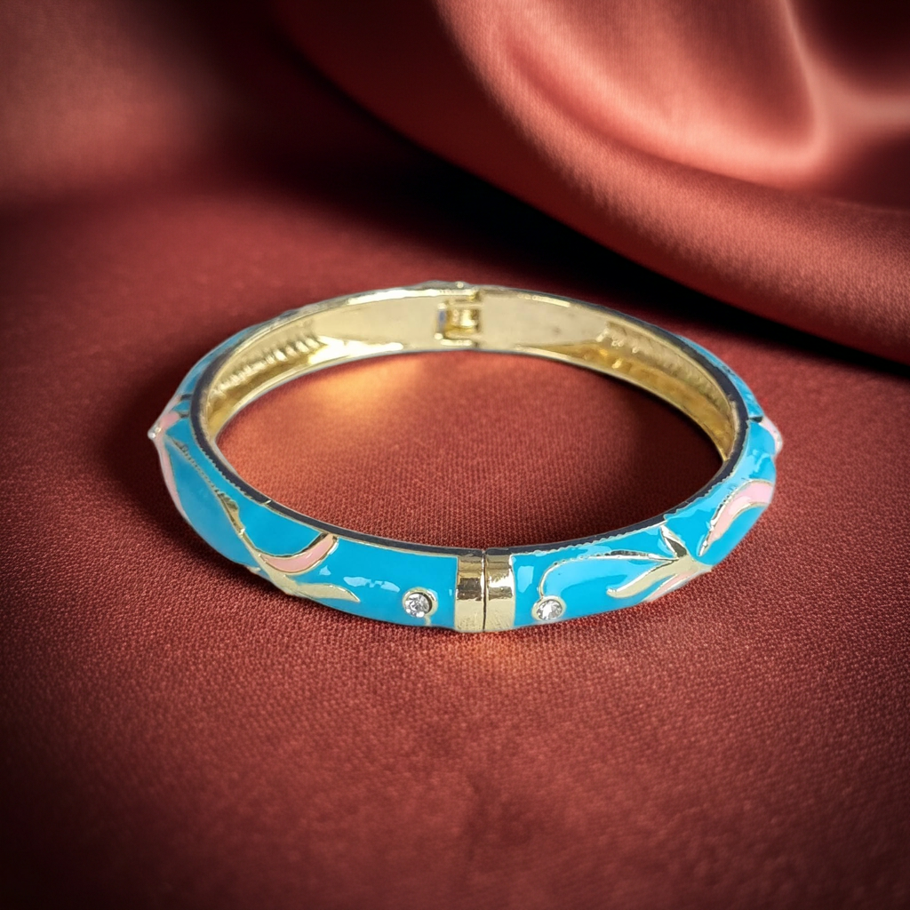 Bright Blue Pink Enamel Bangle Hinge Bracelet