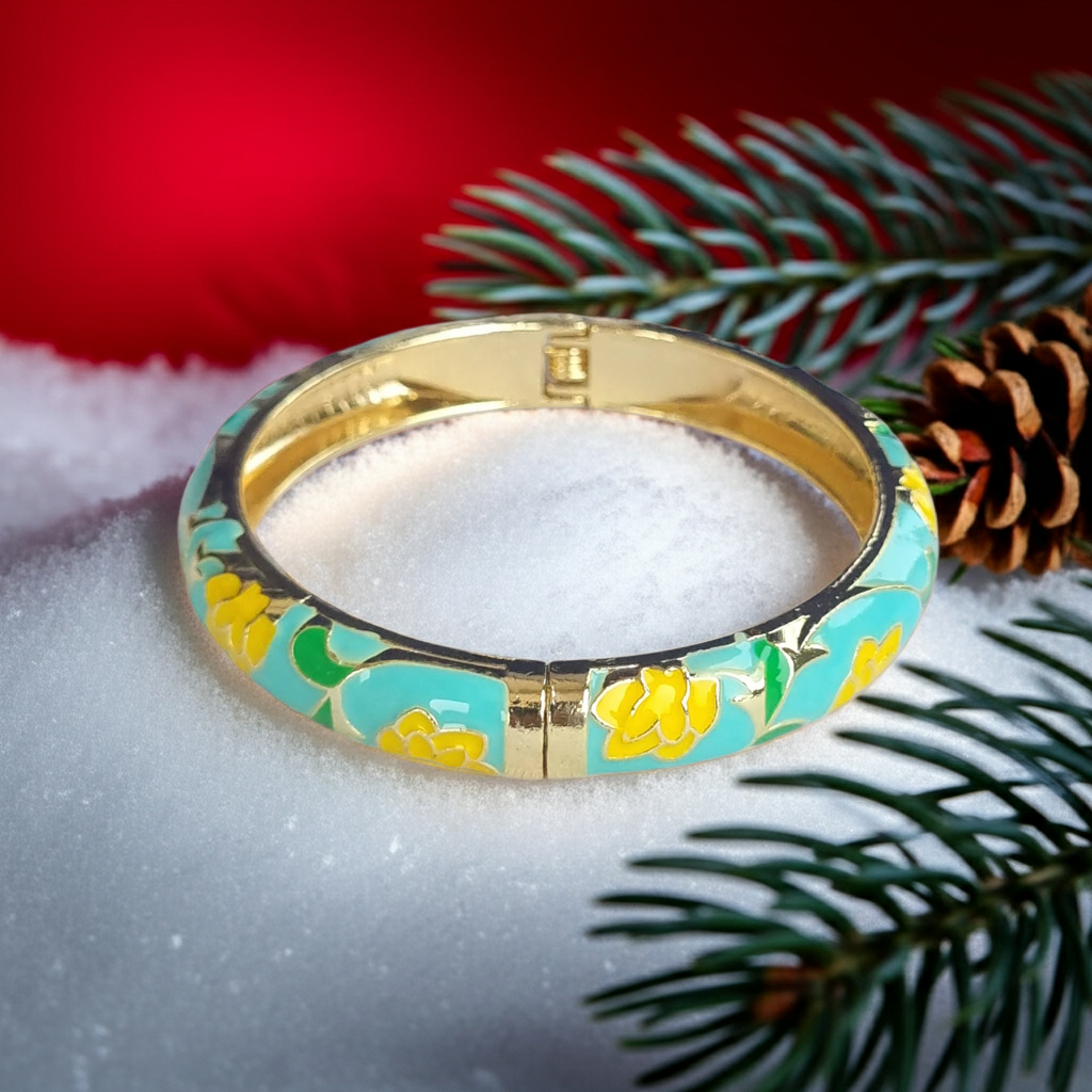 Turquoise Yellow Gold Floral Bangle Hinge Bracelet