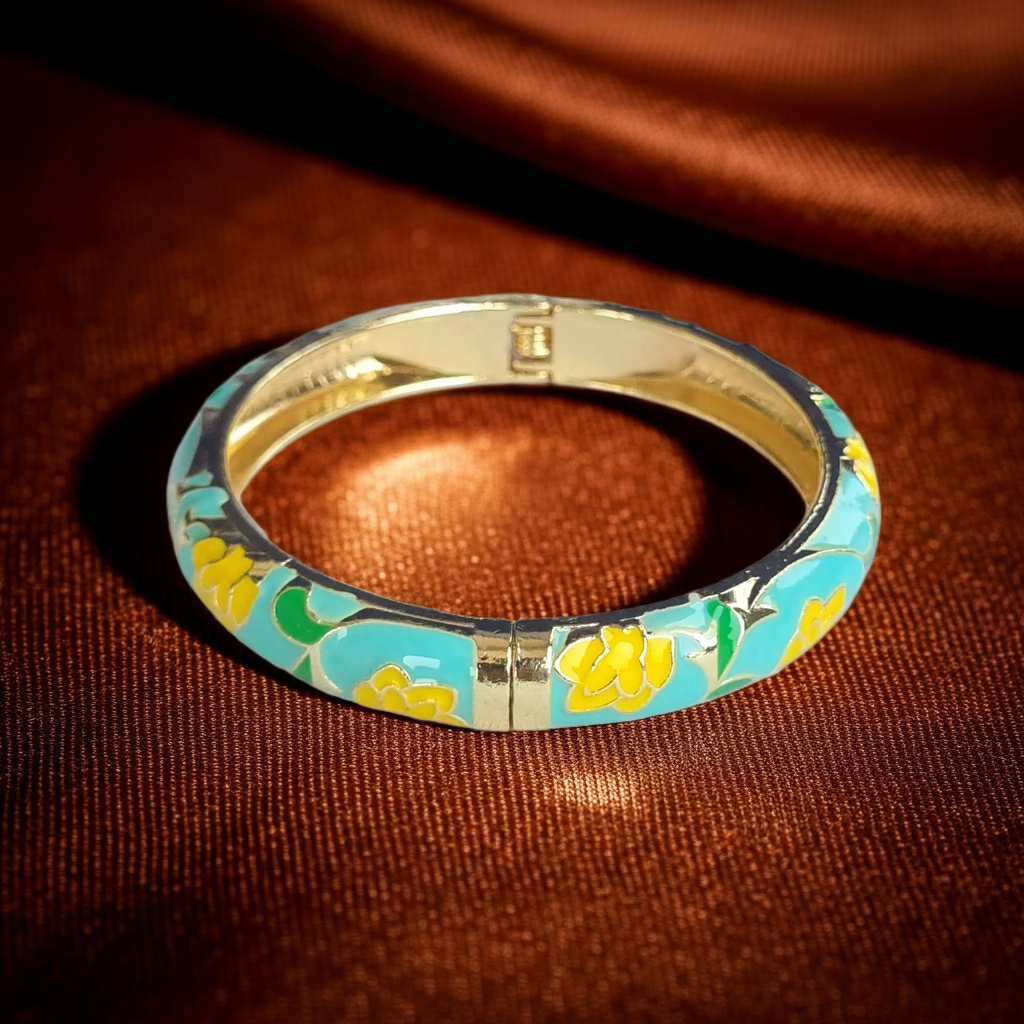 Turquoise Yellow Gold Floral Bangle Hinge Bracelet