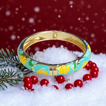 Turquoise Yellow Gold Floral Bangle Hinge Bracelet