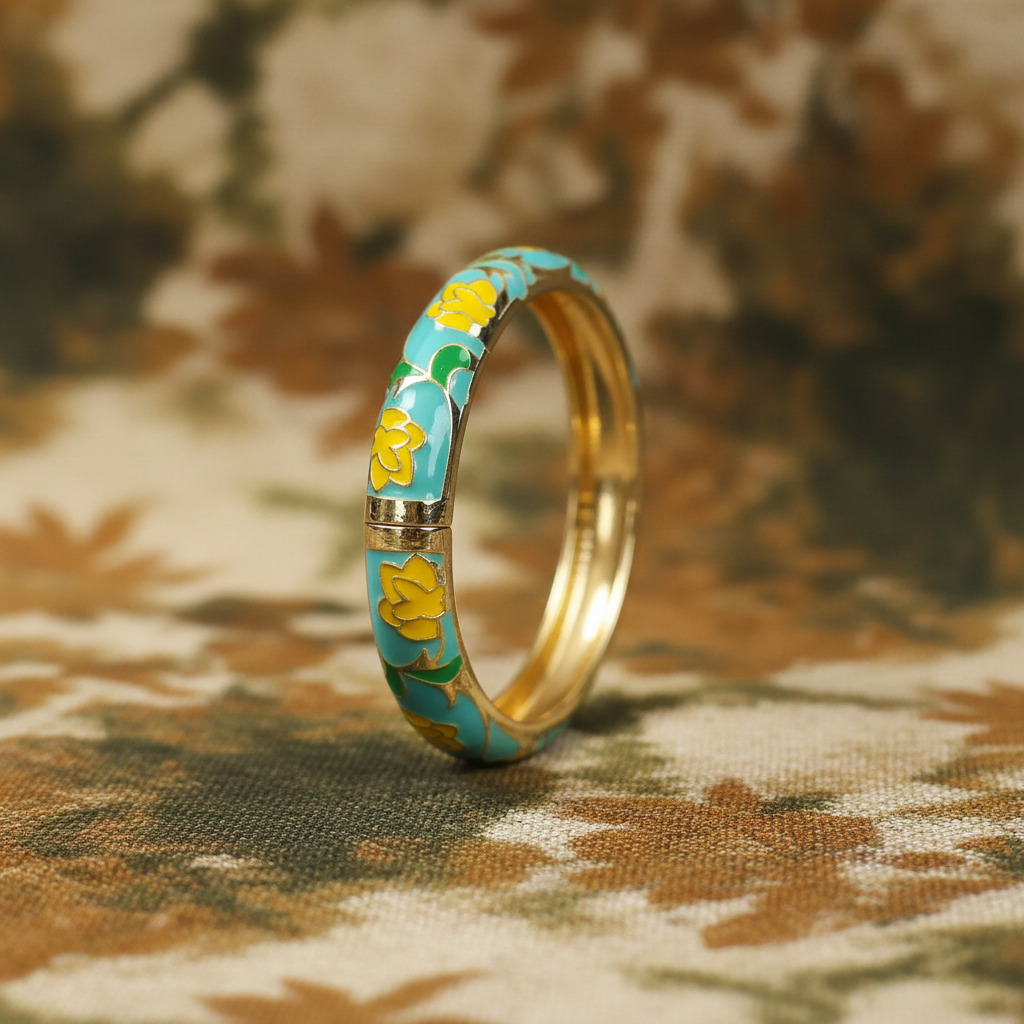 Turquoise Yellow Gold Floral Bangle Hinge Bracelet