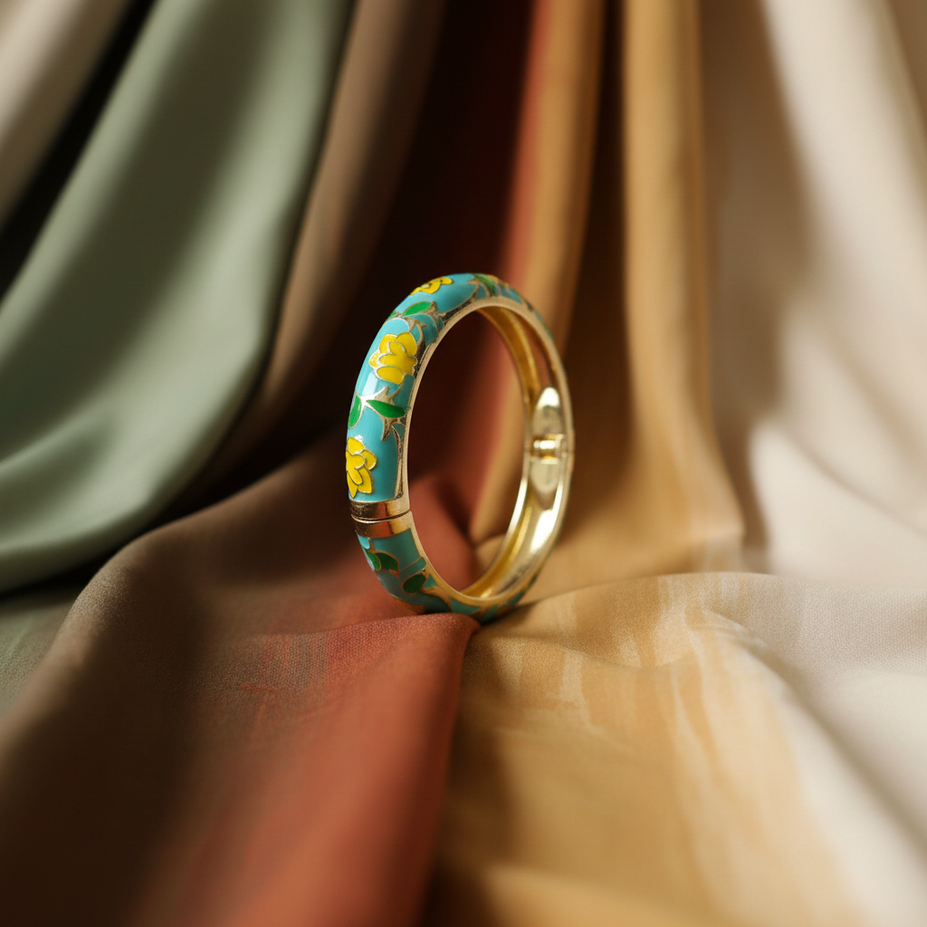 Turquoise Yellow Gold Floral Bangle Hinge Bracelet