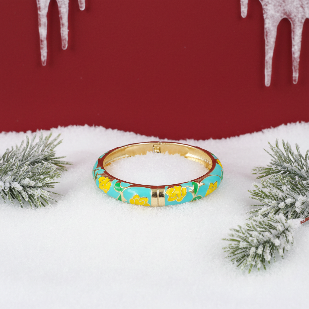 Turquoise Yellow Gold Floral Bangle Hinge Bracelet