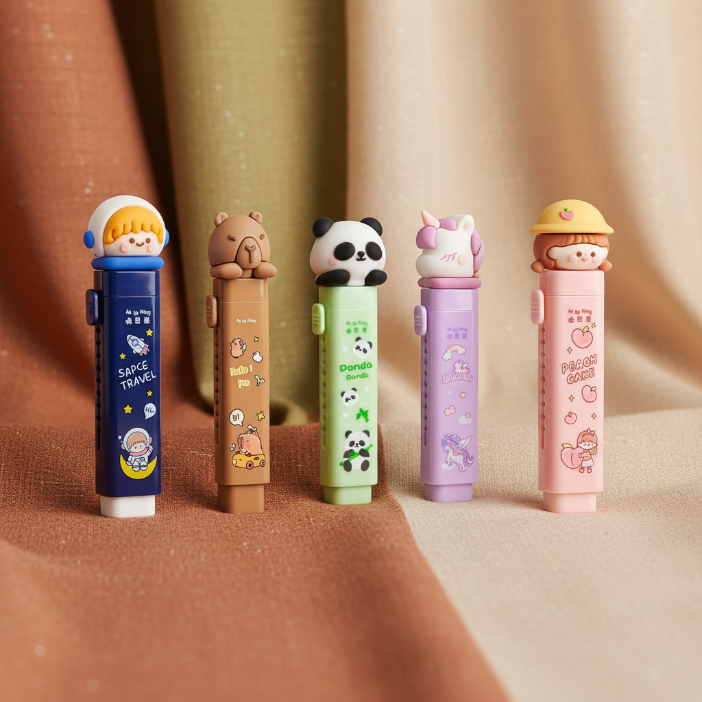 Cartoon-themed push-pull retractable erasers