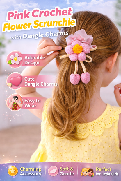 Pink Crochet Flower Scrunchie with Dangle Charms