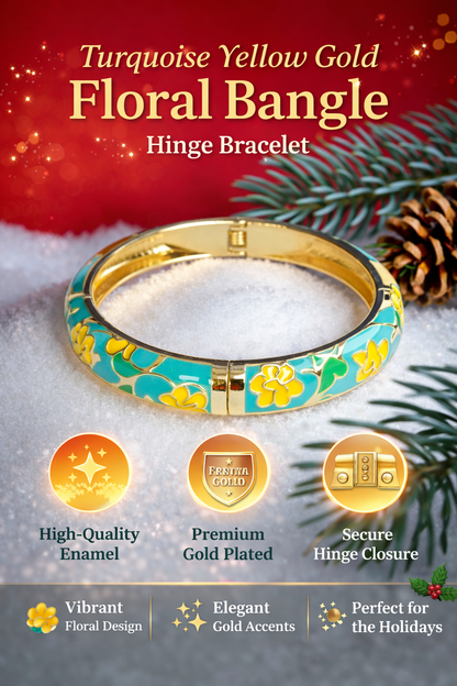 Turquoise Yellow Gold Floral Bangle Hinge Bracelet