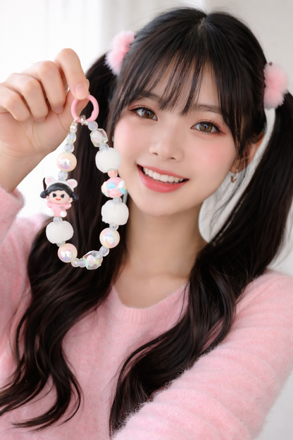Kawaii Pink Bunny Girl Phone Charm – White Plush Pom-Pom Beaded Wrist Strap – Aesthetic Coquette Keychain & Soft Girl Lanyard for Women