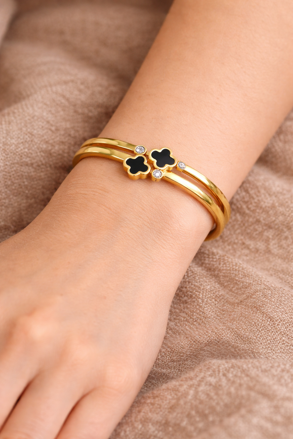 Gold Double Layer Black Clover Crystal Bangle Bracelet