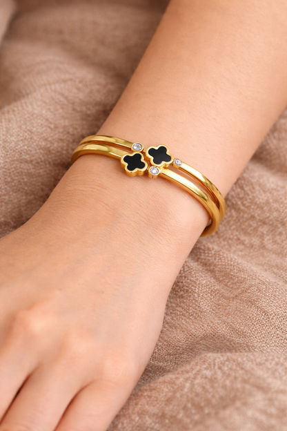 Gold Double Layer Black Clover Crystal Bangle Bracelet