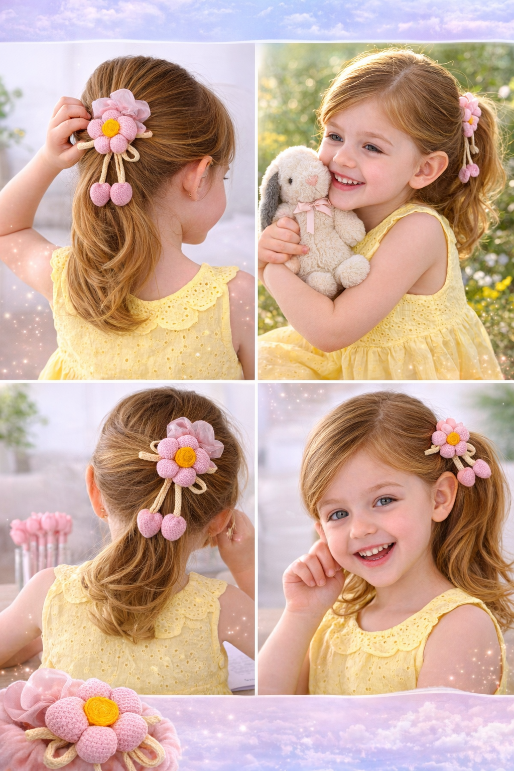 Pink Crochet Flower Scrunchie with Dangle Charms