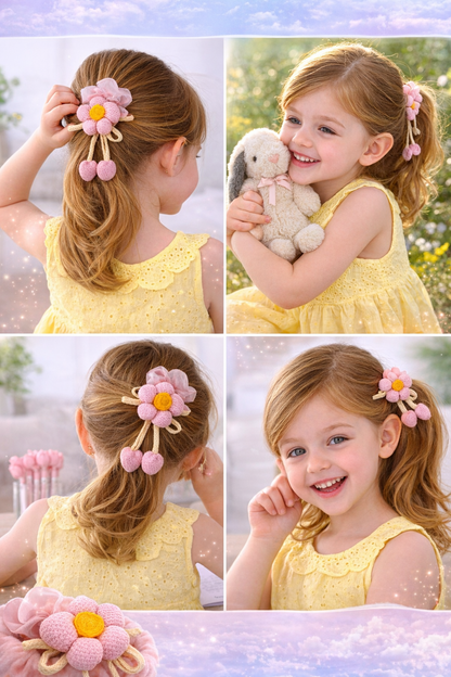 Pink Crochet Flower Scrunchie with Dangle Charms