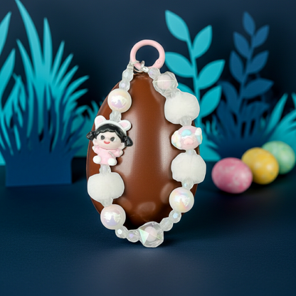 Kawaii Pink Bunny Girl Phone Charm – White Plush Pom-Pom Beaded Wrist Strap – Aesthetic Coquette Keychain & Soft Girl Lanyard for Women