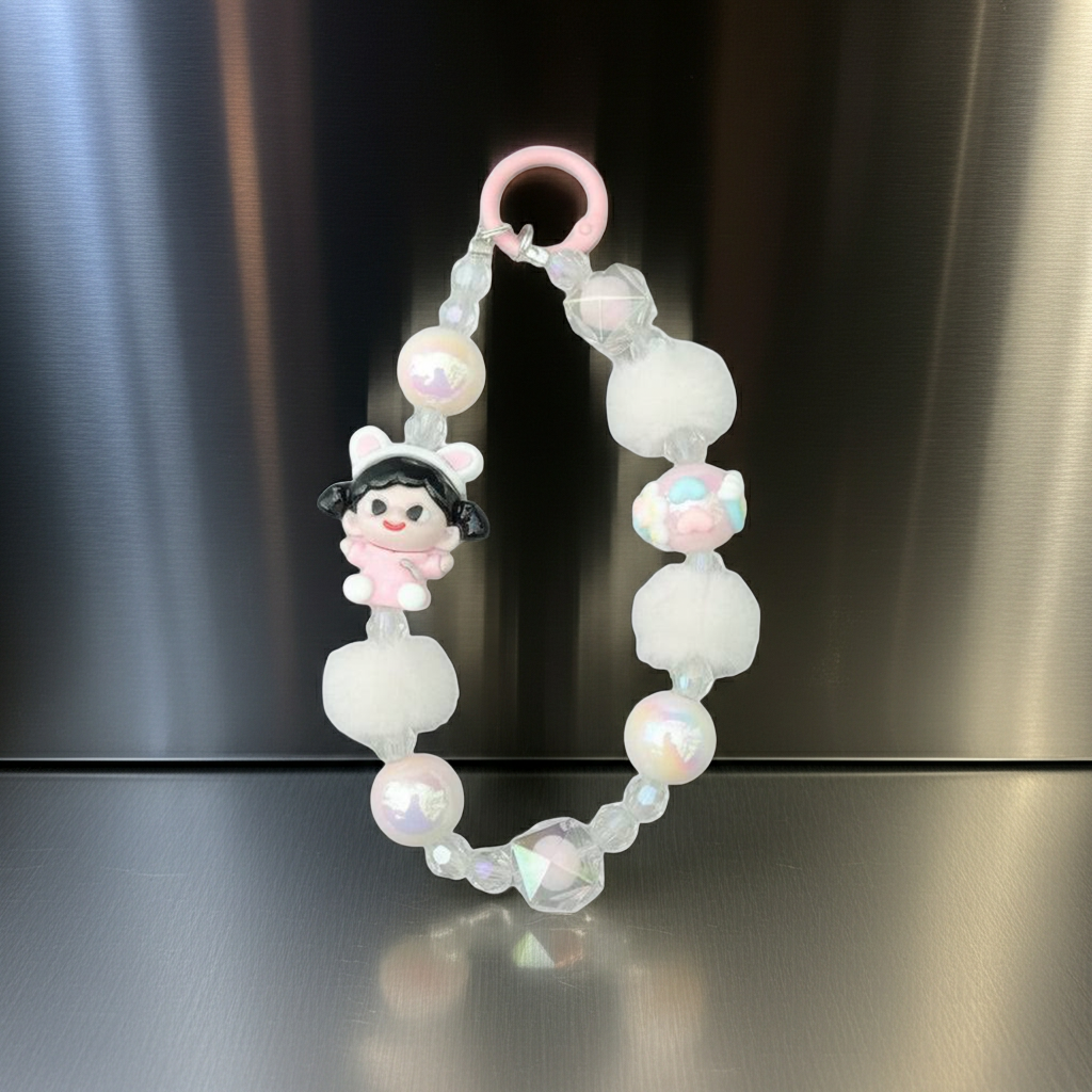 Kawaii Pink Bunny Girl Phone Charm – White Plush Pom-Pom Beaded Wrist Strap – Aesthetic Coquette Keychain & Soft Girl Lanyard for Women