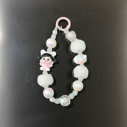 Kawaii Pink Bunny Girl Phone Charm – White Plush Pom-Pom Beaded Wrist Strap – Aesthetic Coquette Keychain & Soft Girl Lanyard for Women