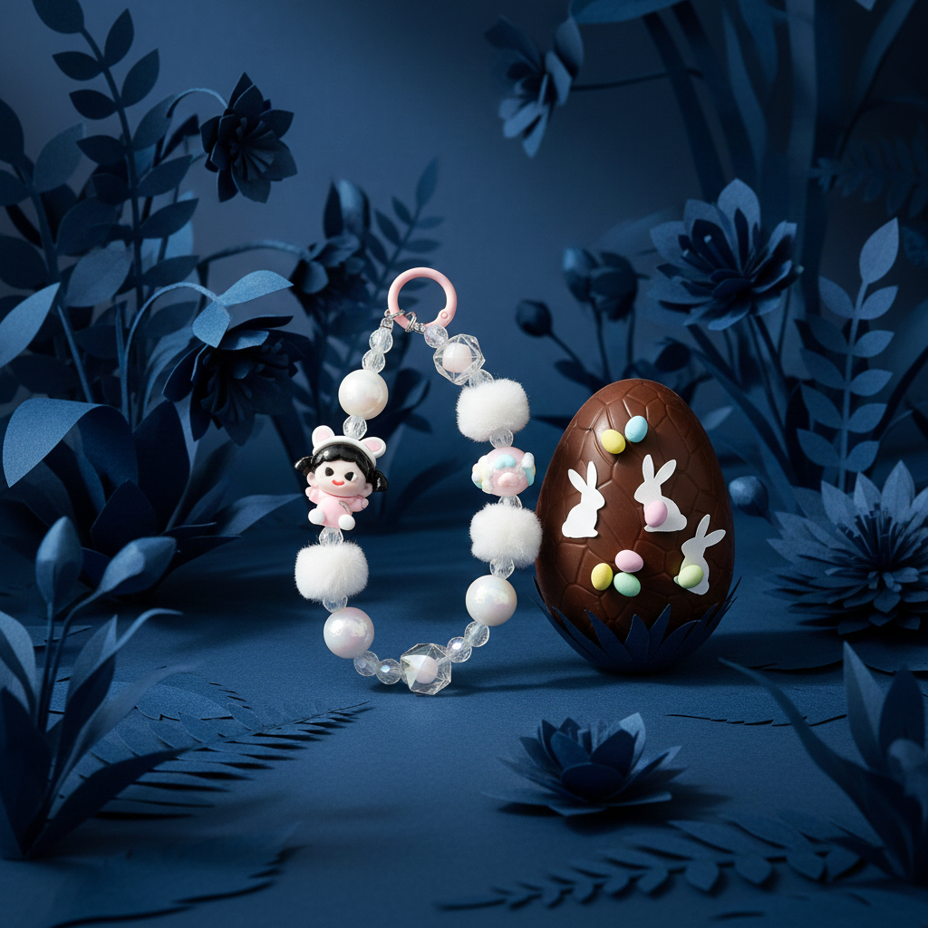 Kawaii Pink Bunny Girl Phone Charm – White Plush Pom-Pom Beaded Wrist Strap – Aesthetic Coquette Keychain & Soft Girl Lanyard for Women