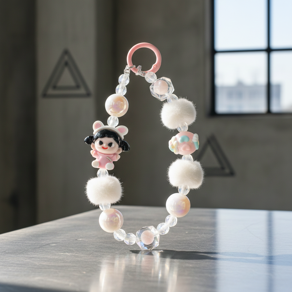 Kawaii Pink Bunny Girl Phone Charm – White Plush Pom-Pom Beaded Wrist Strap – Aesthetic Coquette Keychain & Soft Girl Lanyard for Women