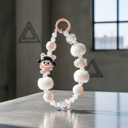 Kawaii Pink Bunny Girl Phone Charm – White Plush Pom-Pom Beaded Wrist Strap – Aesthetic Coquette Keychain & Soft Girl Lanyard for Women
