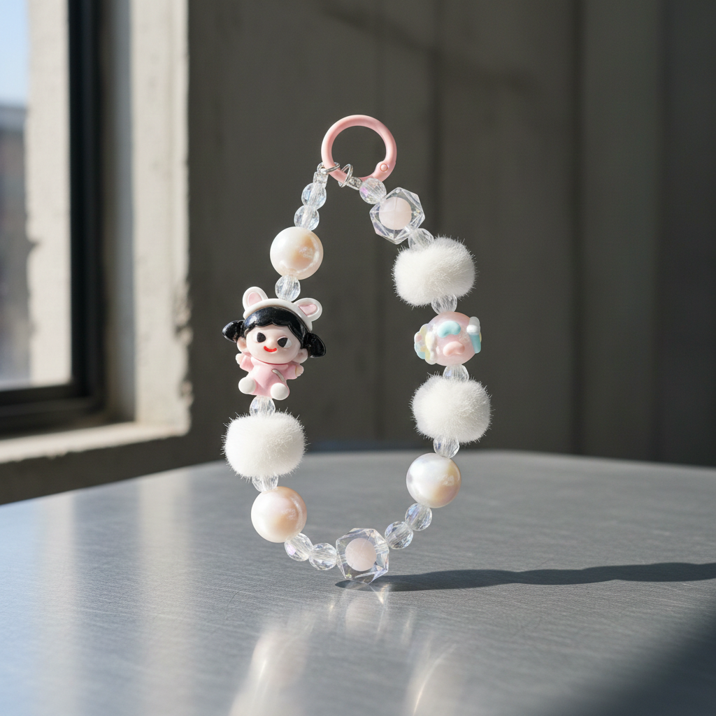 Kawaii Pink Bunny Girl Phone Charm – White Plush Pom-Pom Beaded Wrist Strap – Aesthetic Coquette Keychain & Soft Girl Lanyard for Women