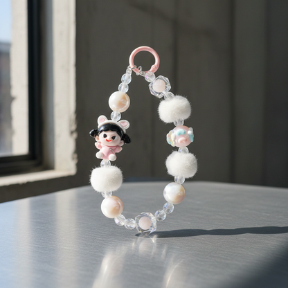 Kawaii Pink Bunny Girl Phone Charm – White Plush Pom-Pom Beaded Wrist Strap – Aesthetic Coquette Keychain & Soft Girl Lanyard for Women