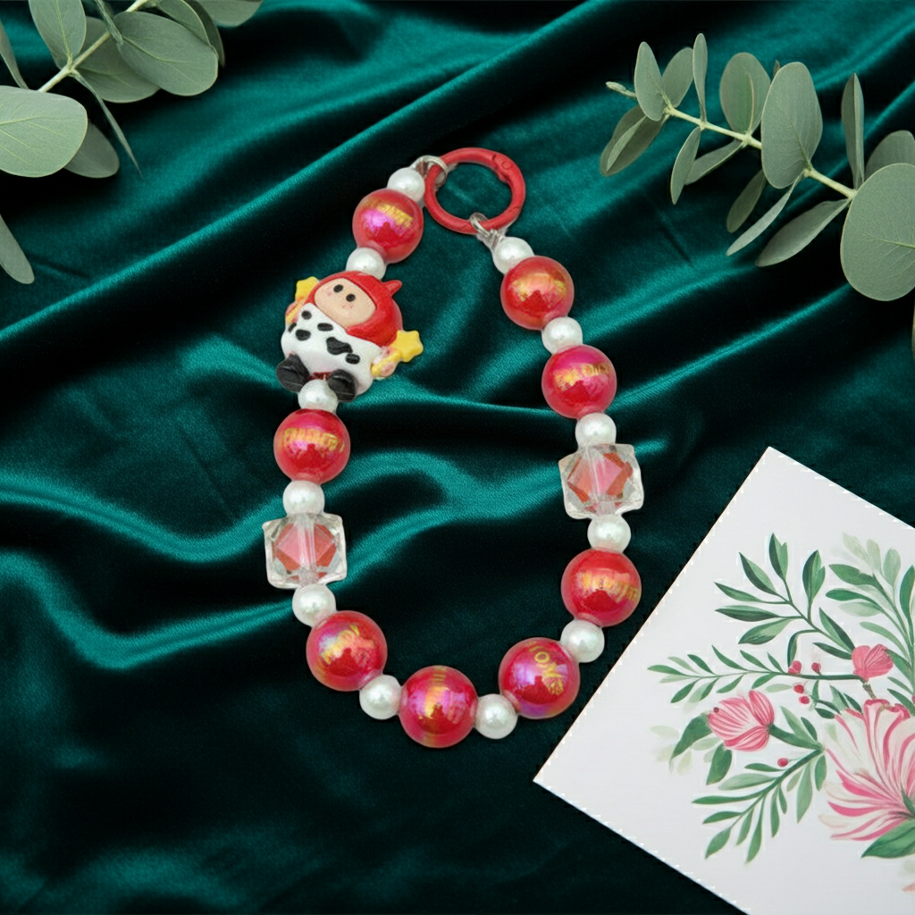 Kawaii Red Cow Beaded Phone Charm – Iridescent Acrylic Wrist Strap & Keychain – Cute Animal Lanyard Accessory for Women & Girls